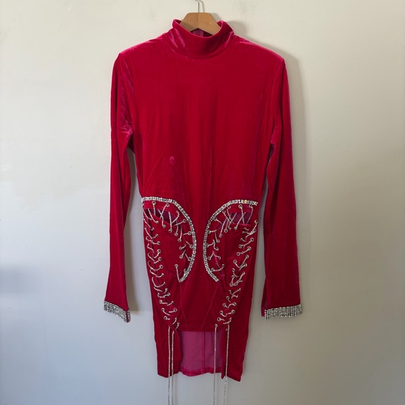 Dresses & Skirts - NWOT the candy shop red high-neck, velvet, long-sleeve bodycon mini dress featu